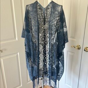 Blue Lace Cape with Flowing Sleeves and Tassels